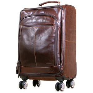 Brown Jack Georges Voyager Collection 22-inch upright carry-on luggage with wheels and handle, shown from a side angle.