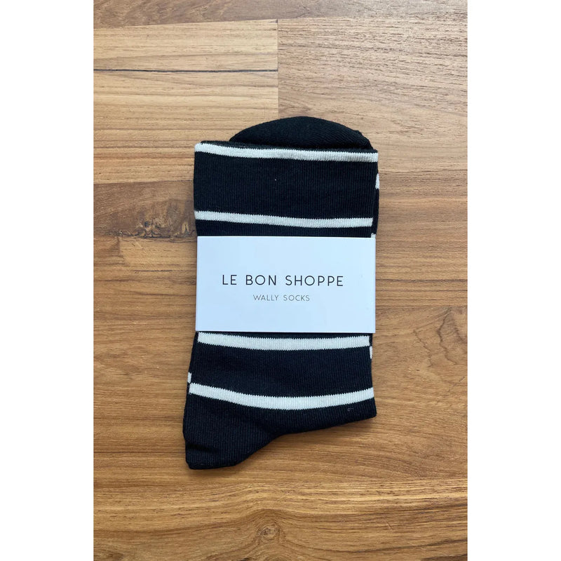 Black Le Bon Shoppe Wally Socks featuring bold striped pattern and comfortable knit fabric for casual wear