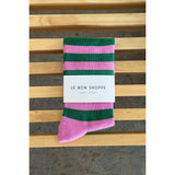 Black Le Bon Shoppe Wally Socks with bold stripe pattern, cozy knit fabric, and ribbed cuffs for a stylish, comfortable fit.