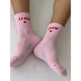 Le Bon Shoppe embroidered collection socks featuring red heart design, soft knit fabric, and classic crew length.