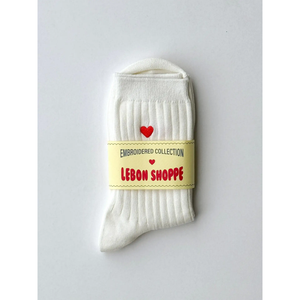 Le Bon Shoppe embroidered collection socks featuring red heart design, soft fabric, and classic sock style.