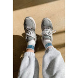 Le Bon Shoppe Girlfriend Socks in ivory and blue stripes, soft knit fabric, comfortable casual ankle socks.