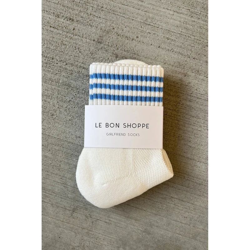 Le Bon Shoppe Girlfriend Socks in ivory with blue stripes, cozy ankle socks with a stylish, casual design.