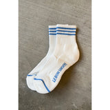 Le Bon Shoppe Girlfriend Socks in ivory with blue stripes, featuring a cozy knit texture and stylish design.