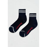 Le Bon Shoppe Girlfriend Socks in ivory with blue stripes, cozy cotton crew socks for casual wear.