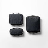 Set of three black packing cubes from Matador, compact travel organizers with mesh tops and zipper closures.