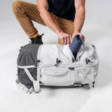 Matador SEG28 backpack in Arctic White with sleek design and multiple compartments, ideal for travel and everyday use.