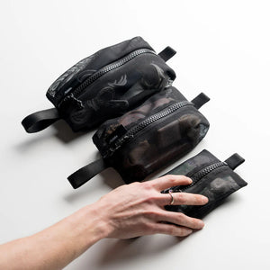 Set of black Mesh Organizer Bags by Matador for packing organization, featuring multiple compartments for travel essentials.