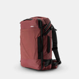 Matador GlobeRider35 travel backpack in garnet color, featuring multiple compartments and adjustable straps for organized travel.