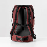 Matador GlobeRider35 travel backpack in garnet color with multiple compartments and adjustable straps, designed for adventure travel.