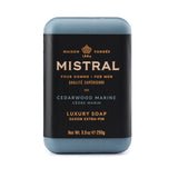 Black Amber Mistral men's bar soap in a 250g package, featuring a sleek design and masculine scent.