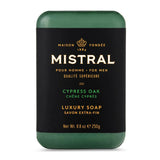 Mistral Men's Bar Soap in black amber scent, 250g, with a sleek black packaging and textured soap surface.