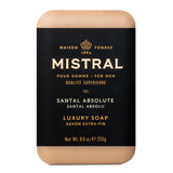 Mistral men's bar soap in black amber scent, 250g, with a dark, textured soap bar on a neutral background.