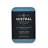 Mistral men's travel bar soap with cedarwood and marine scent, 80g, in a compact soap bar for travel and everyday use.