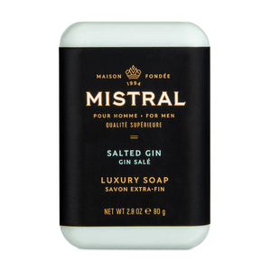 Mistral men's travel bar soap in cedarwood and marine scent, 80g, with a sleek packaging design.