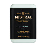 Mistral men's travel bar soap in cedarwood and marine scent, 80g, with a sleek packaging design.
