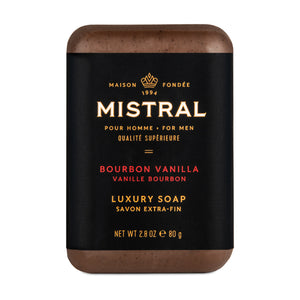 Mistral Voyageur soap set with travel case, featuring multiple soap bars in a sleek travel-friendly package.