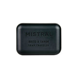 Mistral Voyageur soap set with three soap bars and a travel case, displayed with the soap packaging and case in natural setting.