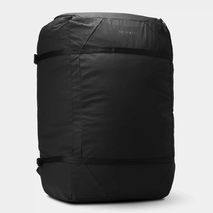 Black Nomatic Navigator collapsible duffel bag with 42L capacity, shown with its compact and expanded form.