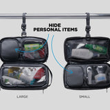 Small Nomatic toiletry bag with multiple compartments, compact design, and durable black material for travel organization.