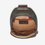 Osgoode Marley Cyrus sling bag in moss green with interior compartments, made of leather and nylon for stylish everyday use.