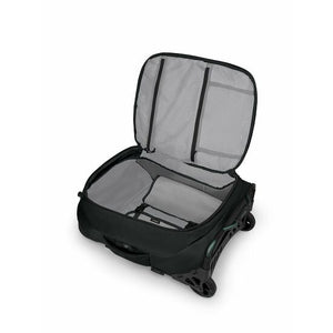 Black Osprey Ozone 2-Wheel Carry-On Luggage with durable hard shell and telescoping handle for easy travel.