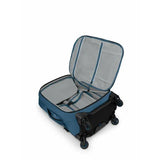 Black Osprey Ozone 4-Wheel Carry-On luggage with durable hard shell and spinner wheels for easy travel.