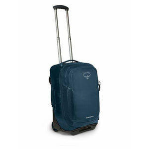 Osprey Transporter® wheeled carry-on luggage in coastal blue, compact travel bag with wheels and handle for easy mobility