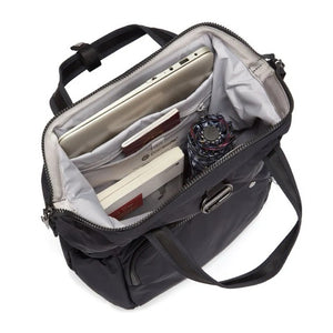 Pacsafe Citysafe CX anti-theft mini backpack in black made from Econyl, featuring secure zippers and compact design.