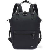 Pacsafe Citysafe CX anti-theft mini backpack made of black Econyl material, featuring secure zippers and compact design.