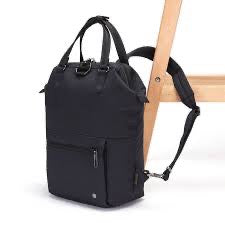 Pacsafe Citysafe CX anti-theft mini backpack in black with compact design, made from eco-friendly Econyl material.