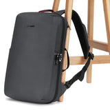 Pacsafe MetrosafeX 16-inch commuter backpack in slate with anti-theft features and multiple compartments for daily use.