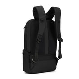 Black Pacsafe MetrosafeX 20L anti-theft backpack with multiple compartments and padded shoulder straps for everyday use.