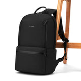 Pacsafe MetrosafeX 20L black anti-theft backpack with secure zippers and padded straps, designed for everyday use.