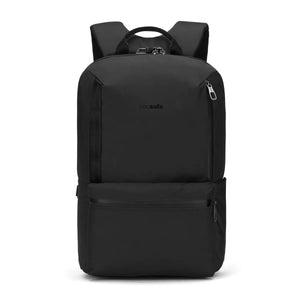 Black Pacsafe MetrosafeX 20L anti-theft backpack with multiple compartments and secure zippers, designed for daily use and travel.