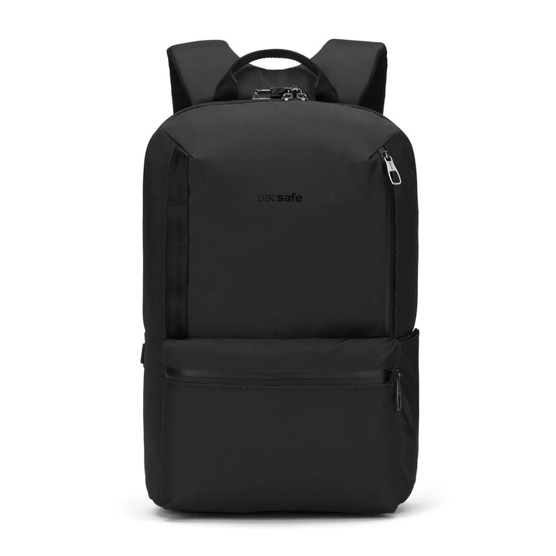 Black Pacsafe MetrosafeX 20L anti-theft backpack with multiple compartments and secure zippers, designed for daily use and travel.