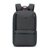 Pacsafe MetrosafeX 20L anti-theft backpack in slate color with secure zippers and padded straps, designed for daily use.