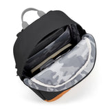 Pacsafe GO 15L anti-theft backpack in Jet Black with secure zippers and padded straps, designed for travel and daily use.