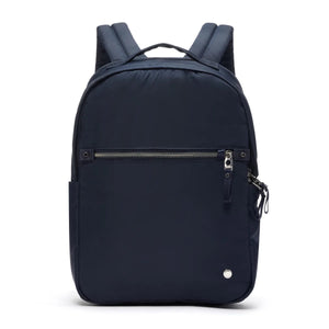 Pacsafe 10L anti-theft backpack in dark gray with secure zippers and padded straps, designed for urban travel and daily use.