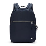 Pacsafe 10L anti-theft backpack in dark gray with secure zippers and padded straps, designed for urban travel and daily use.