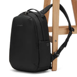 Pacsafe V 16L Anti-theft all-around black backpack with multiple compartments and secure zippers, designed for daily use.