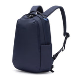 Pacsafe V 16L anti-theft all-around backpack in ocean blue with multiple compartments and padded shoulder straps.