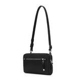 Black Pacsafe 3-in-1 sling bag with adjustable strap and multiple compartments for versatile carrying.