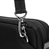 Black Pacsafe 3-in-1 sling bag with adjustable straps, showing multiple carrying options and secure design features.