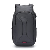 Pacsafe EXP 28L anti-theft backpack in black with padded shoulder straps and secure lockable zippers, designed for travel and daily use.