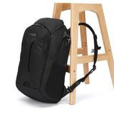 Pacsafe EXP 28L anti-theft backpack in black with secure zippers, padded straps, and multiple compartments for travel and daily use