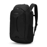 Pacsafe EXP 28L anti-theft backpack in black with padded straps and multiple compartments, designed for secure travel.