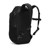 Pacsafe EXP 28L anti-theft backpack in black with padded shoulder straps and secure zippers, designed for travel and daily use.