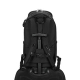 Pacsafe EXP 28L anti-theft backpack in black with padded shoulder straps and secure lockable zippers for travel security.