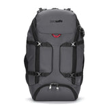 Pacsafe EXP35 anti-theft travel backpack in black with multiple compartments and padded shoulder straps, designed for secure travel.